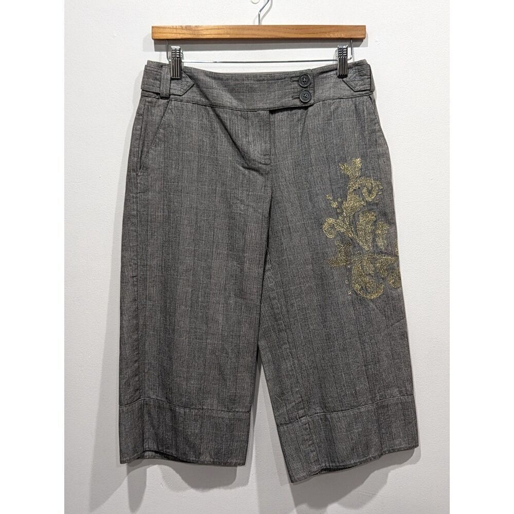 Ann Taylor Loft Gray Plaid Metallic Floral Embroidery Gaucho Coulotte Pants, 2